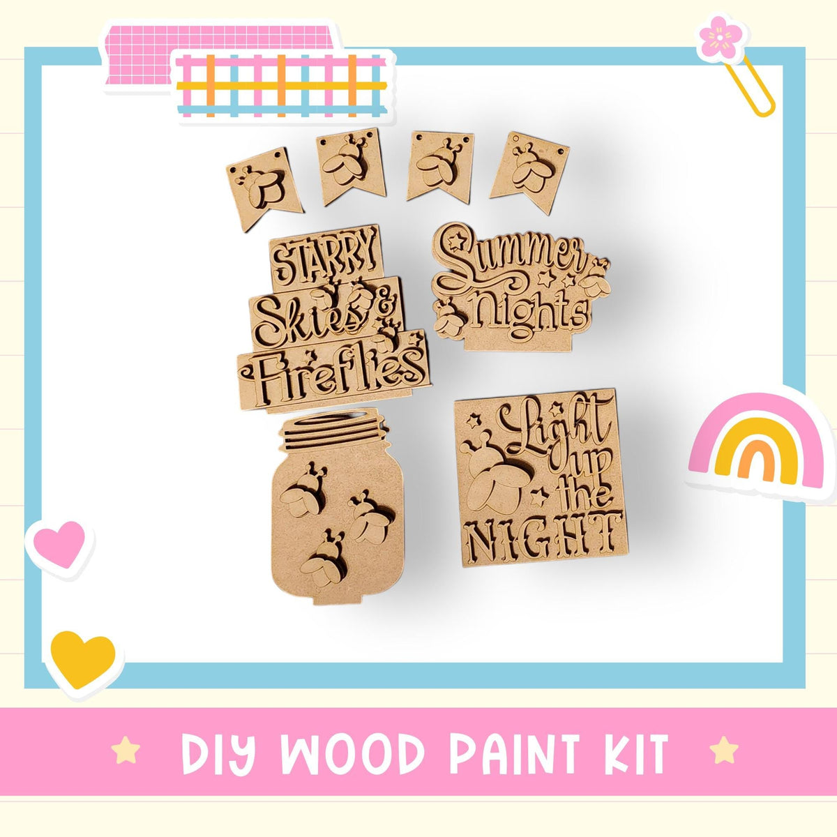 The image is a DIY wood paint kit featuring various wooden shapes and designs, including a mason jar, a sign, and a heart.