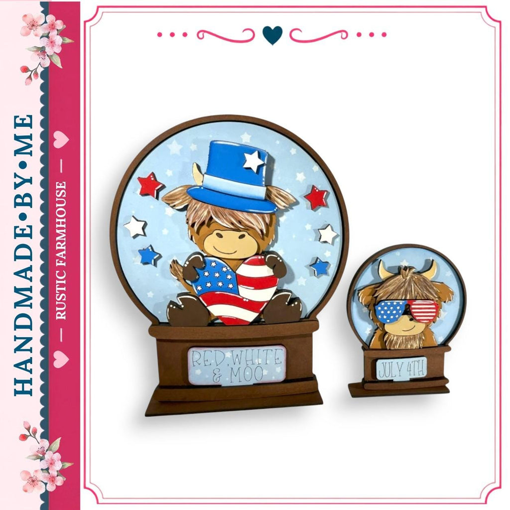 two snow globes, each containing a cartoon character wearing patriotic attire. The character in the larger snow globe is wearing a hat and holding an American flag, while the character in the smaller snow globe is wearing sunglasses and holding a moo. The snow globes are set against a blue background with stars and red and white stripes.