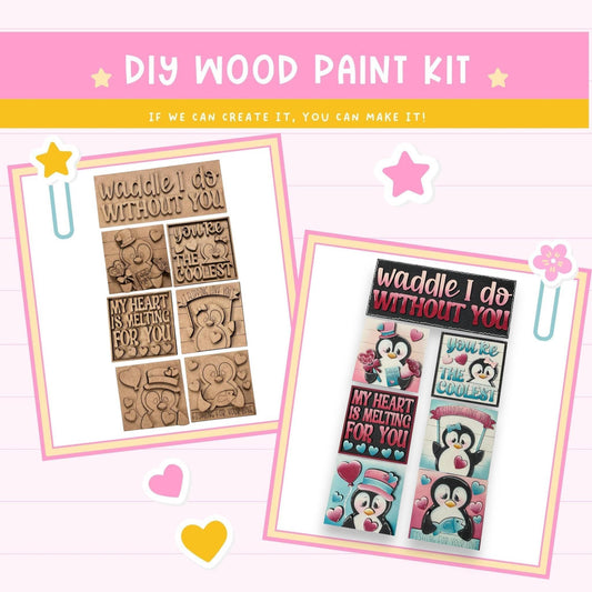 the diy wood paint kit includes a penguin and hearts