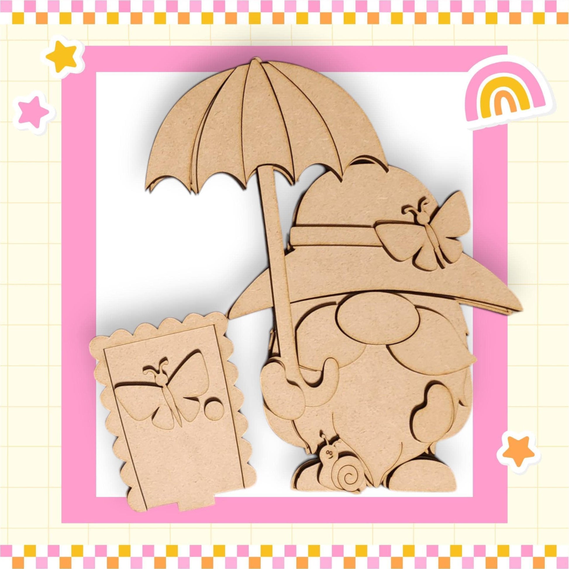 a wooden cutout of an elephant with an umbrella