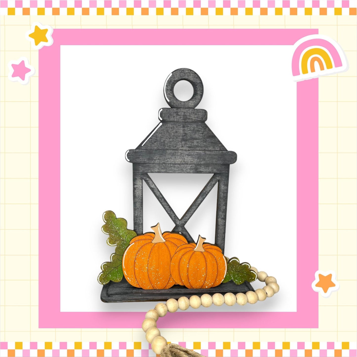 a card with a picture of a lantern and pumpkins