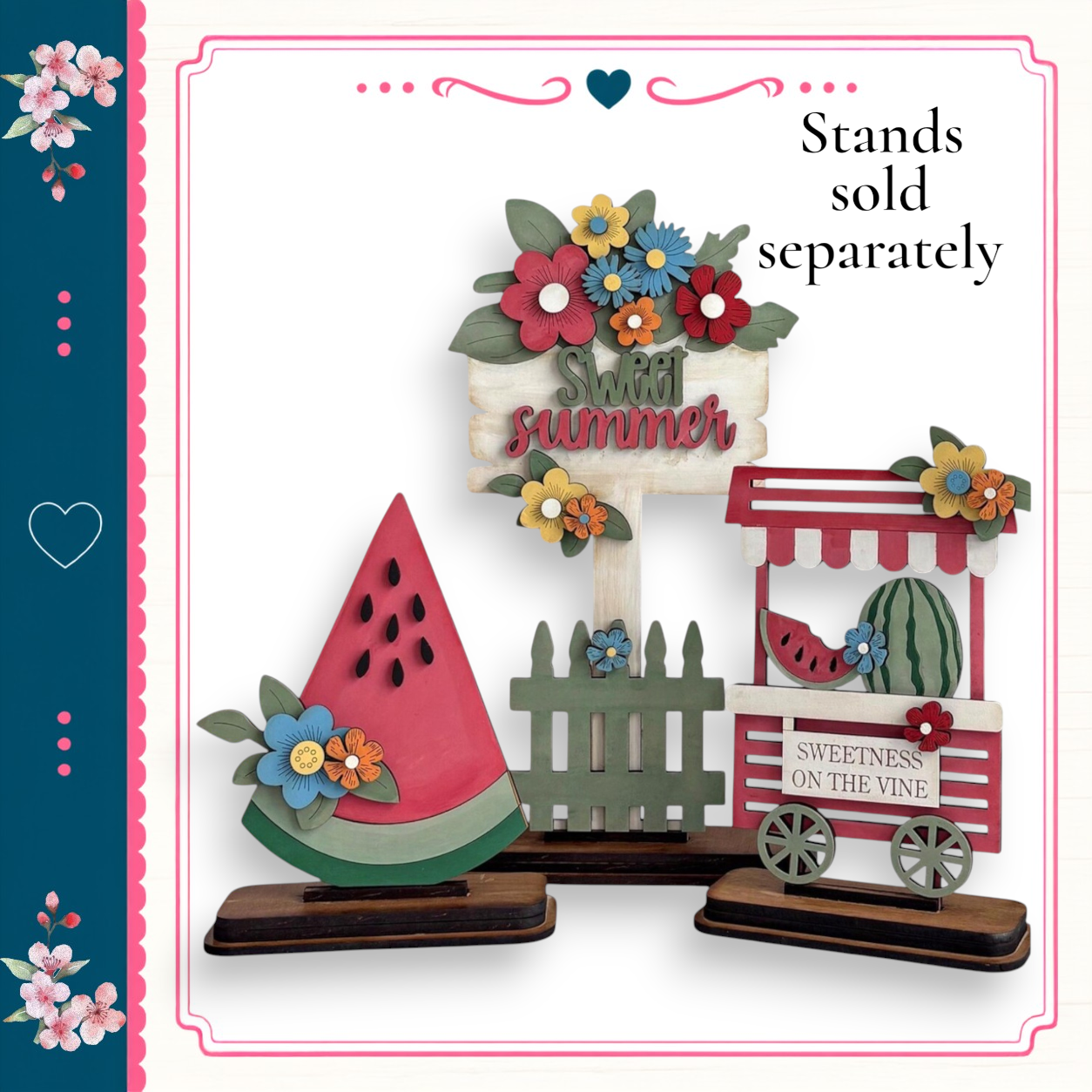 a wooden stand with a watermelon slice, flowers, and a sign that says "Sweet summer". The stand is surrounded by other wooden stands and decorations, creating a festive and summery atmosphere.