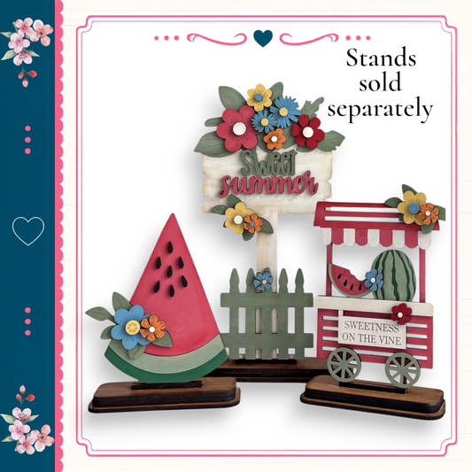 a wooden stand with a watermelon slice, flowers, and a sign that says "Sweet summer". The stand is surrounded by other wooden stands and decorations, creating a festive and summery atmosphere.