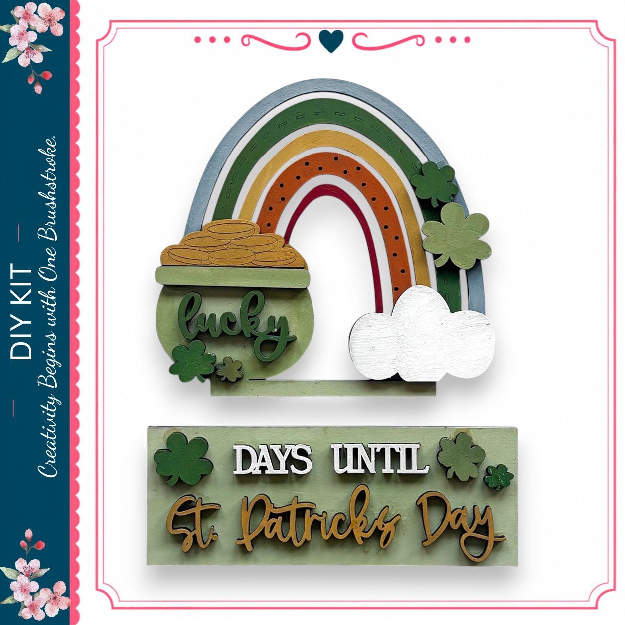The image is a collage featuring a rainbow, a pot of gold, and shamrocks, along with a sign that says "DAYS UNTIL St. Patrick's Day".