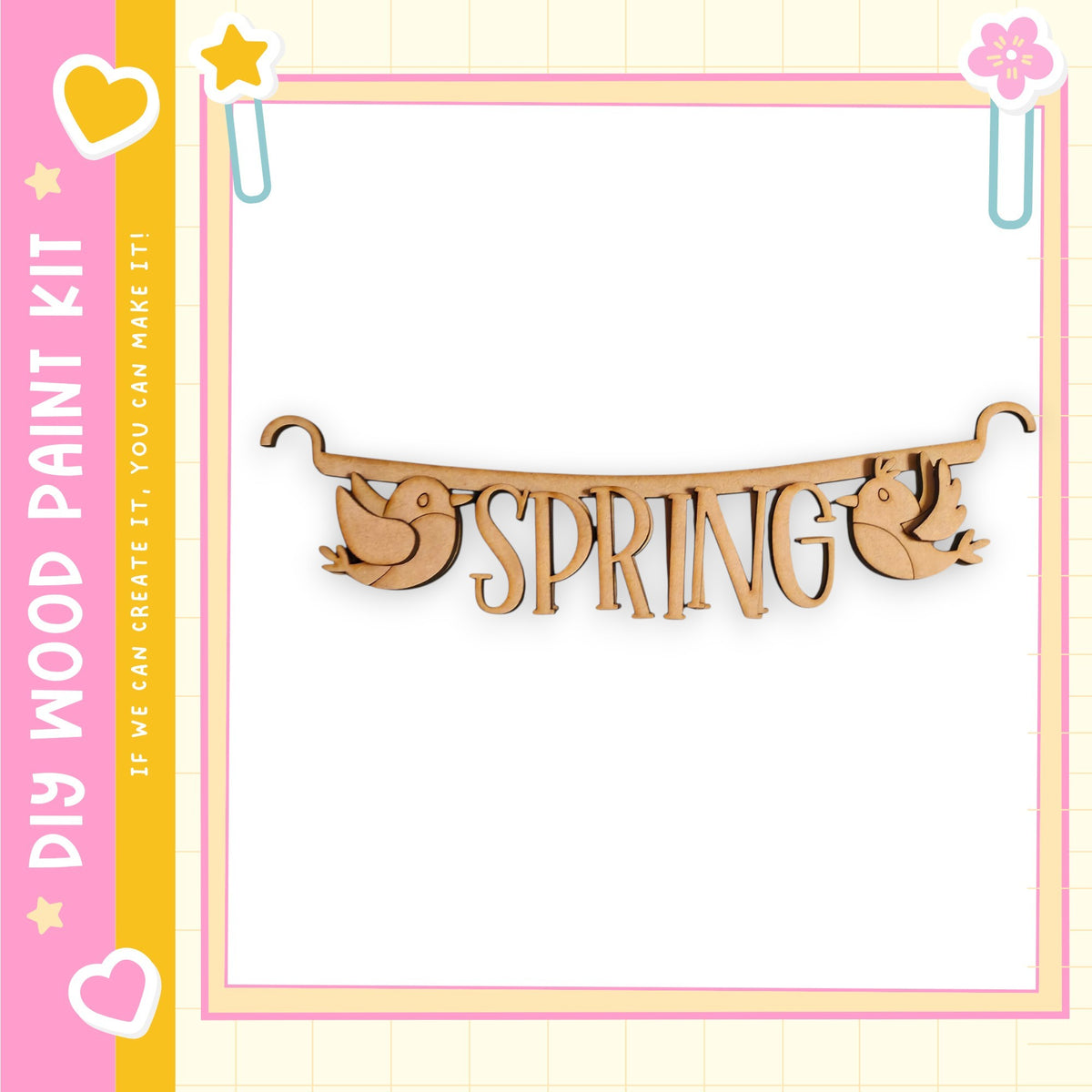 A wooden banner with the word "SPRING" written on it, featuring two wooden birds hanging from it.