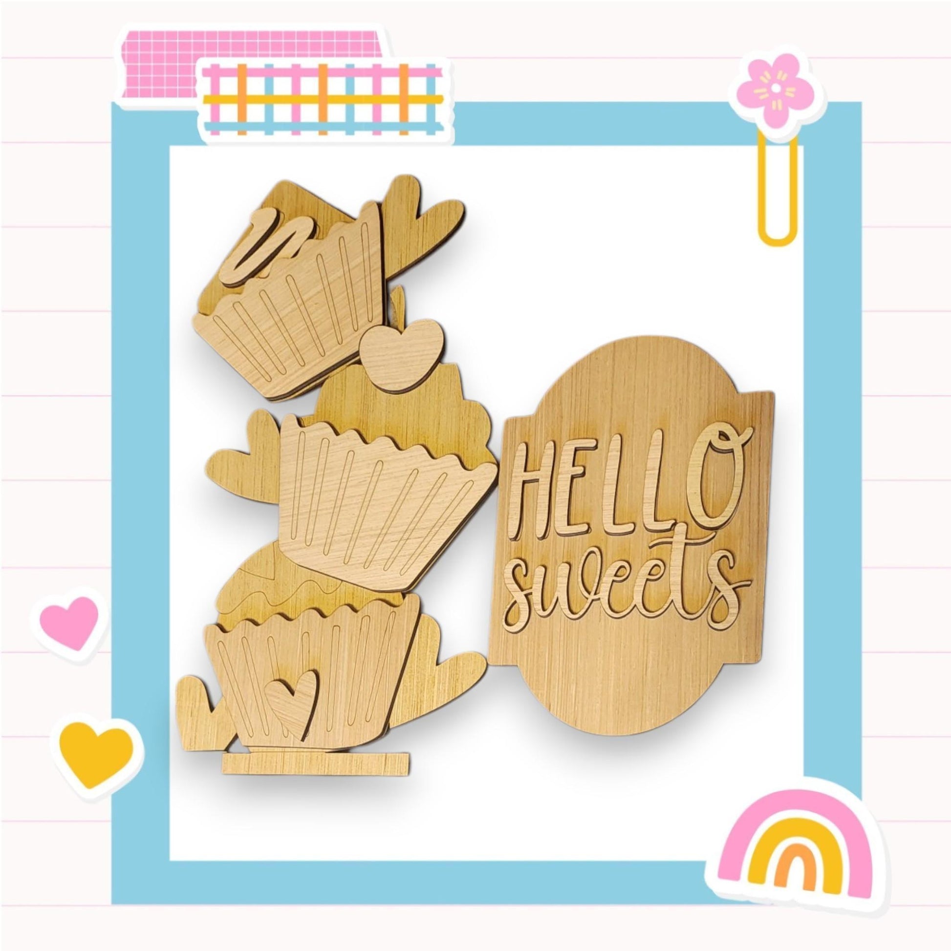 a wooden cutout of cupcakes with the words hello sweets