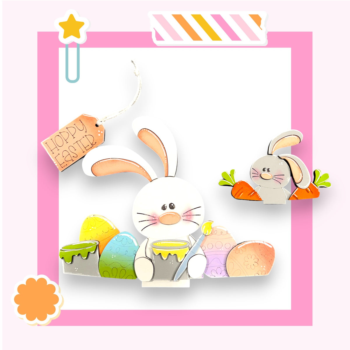 A cheerful Easter bunny holding a basket of treats, surrounded by colorful Easter eggs and a carrot, all set against a pink background with a decorative border.
