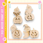 a collection of wooden Halloween-themed cutouts, including ghostly figures, jack-o-lanterns, and a witch's hat.