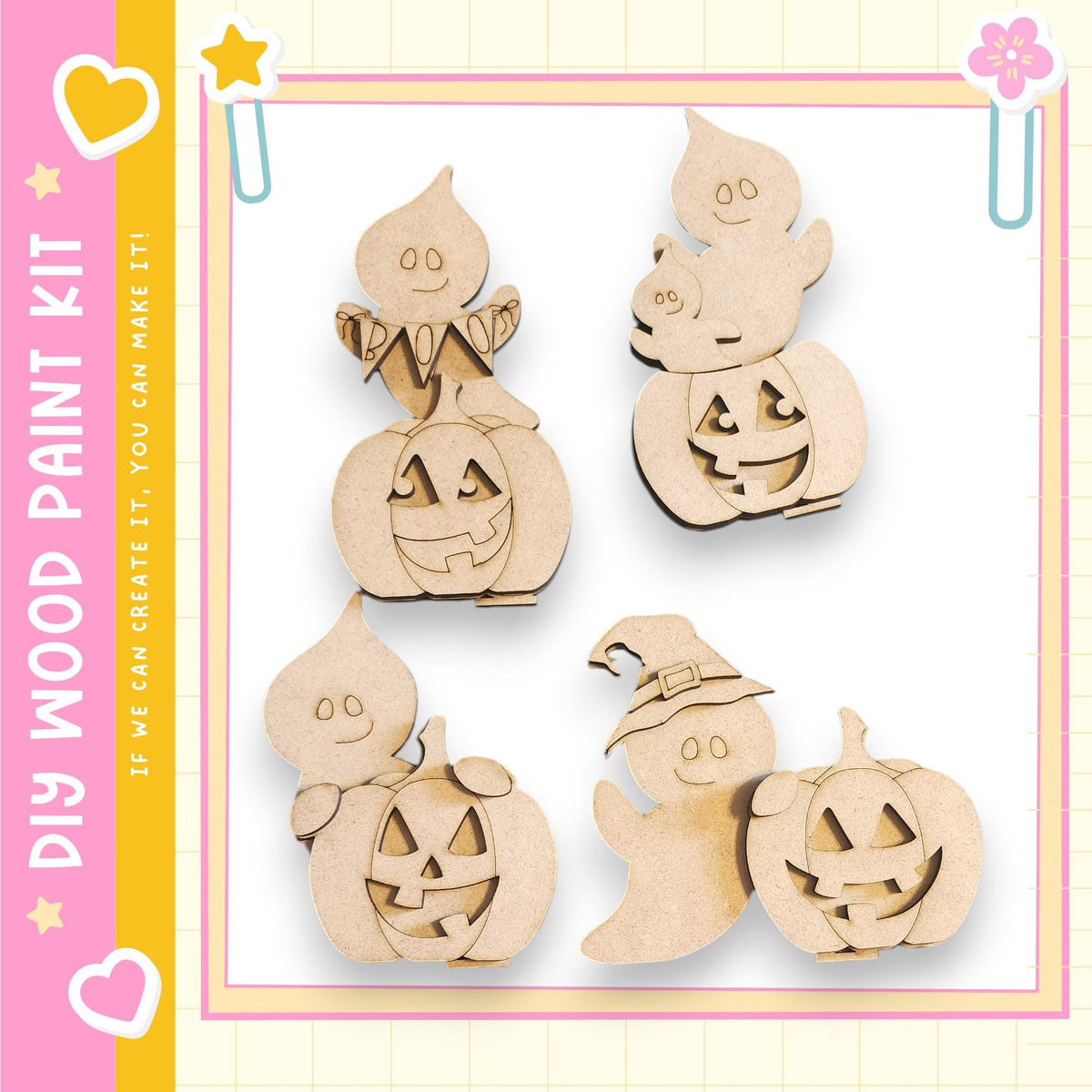 a collection of wooden Halloween-themed cutouts, including ghostly figures, jack-o-lanterns, and a witch's hat.