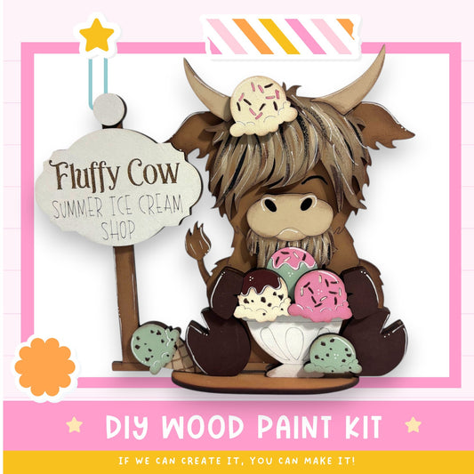 A wooden sign for a summer ice cream shop, featuring a cartoon cow holding a bowl of ice cream.