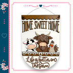a wooden sign with a cow, chicken, and bull, along with the text "HOME SWEET HOME" and "Life is better on the farm".