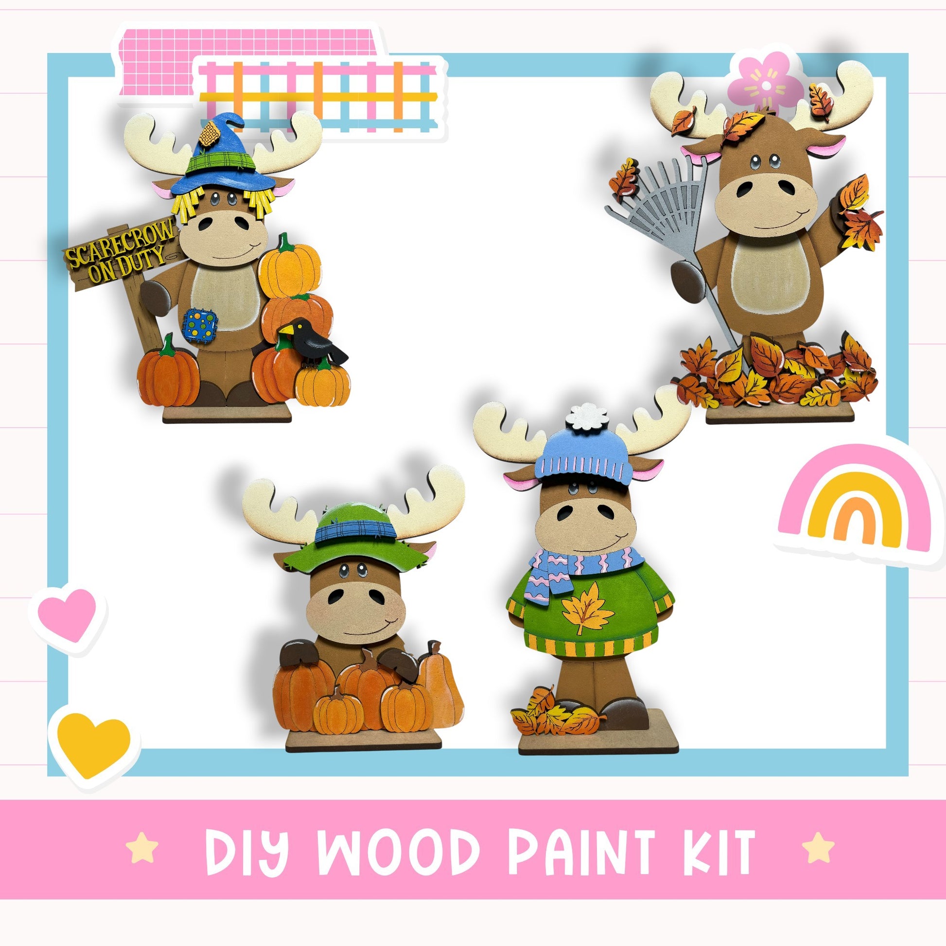 The image is a collage of four wooden figurines, each wearing a different hat and holding various objects such as pumpkins and leaves. The collage is titled "DIY WOOD PAINT KIT" and includes a pink banner with a rainbow and a heart.