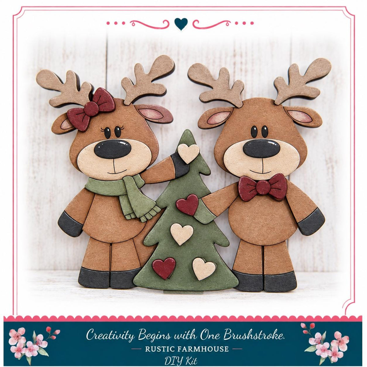 Two wooden reindeer figurines, one with a bow and the other with a heart-shaped bow, standing next to a Christmas tree decorated with red and white hearts.