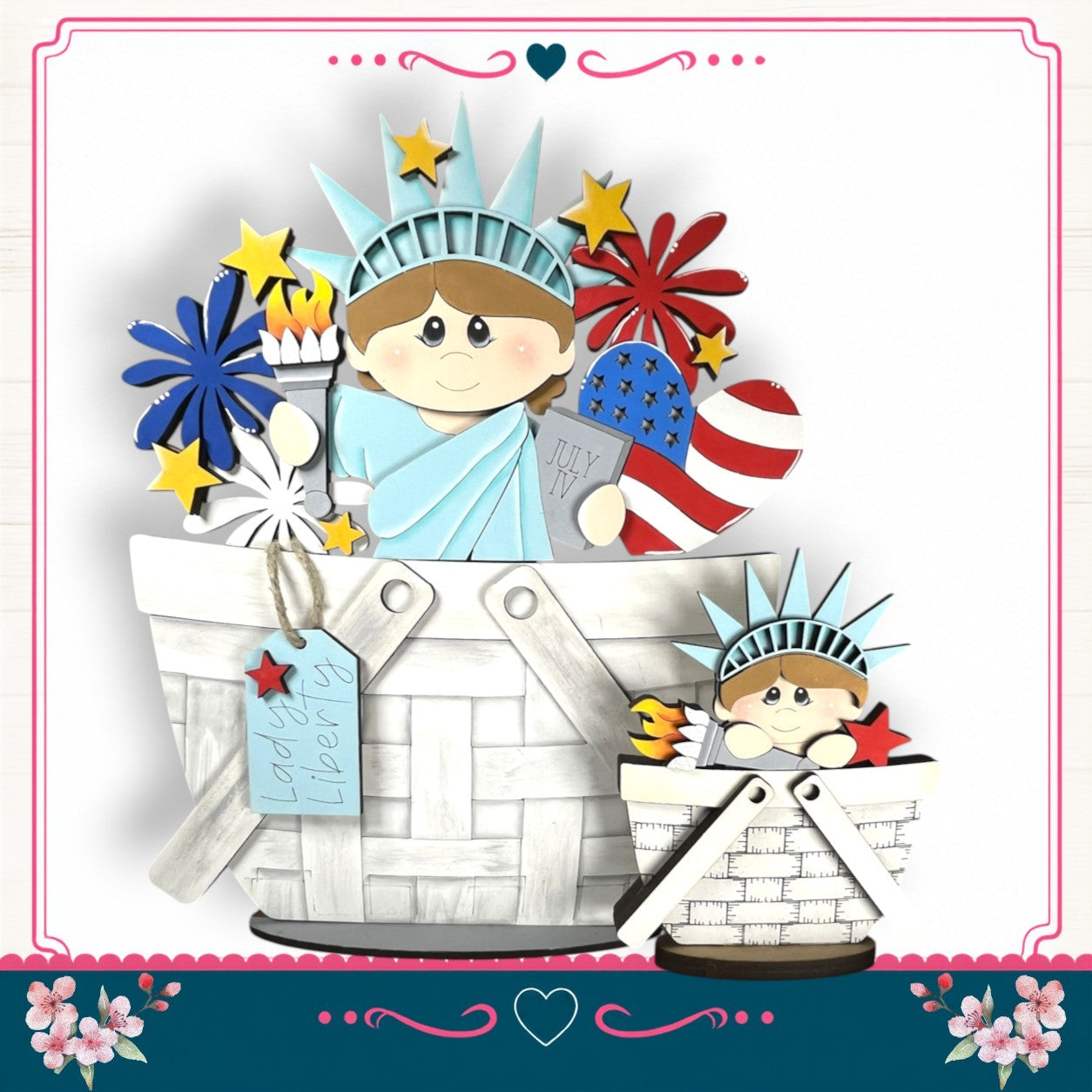 A collage of two images depicting the Statue of Liberty, with one image being larger and the other smaller, both featuring the iconic figure surrounded by various American symbols such as fireworks, flowers, and a star.