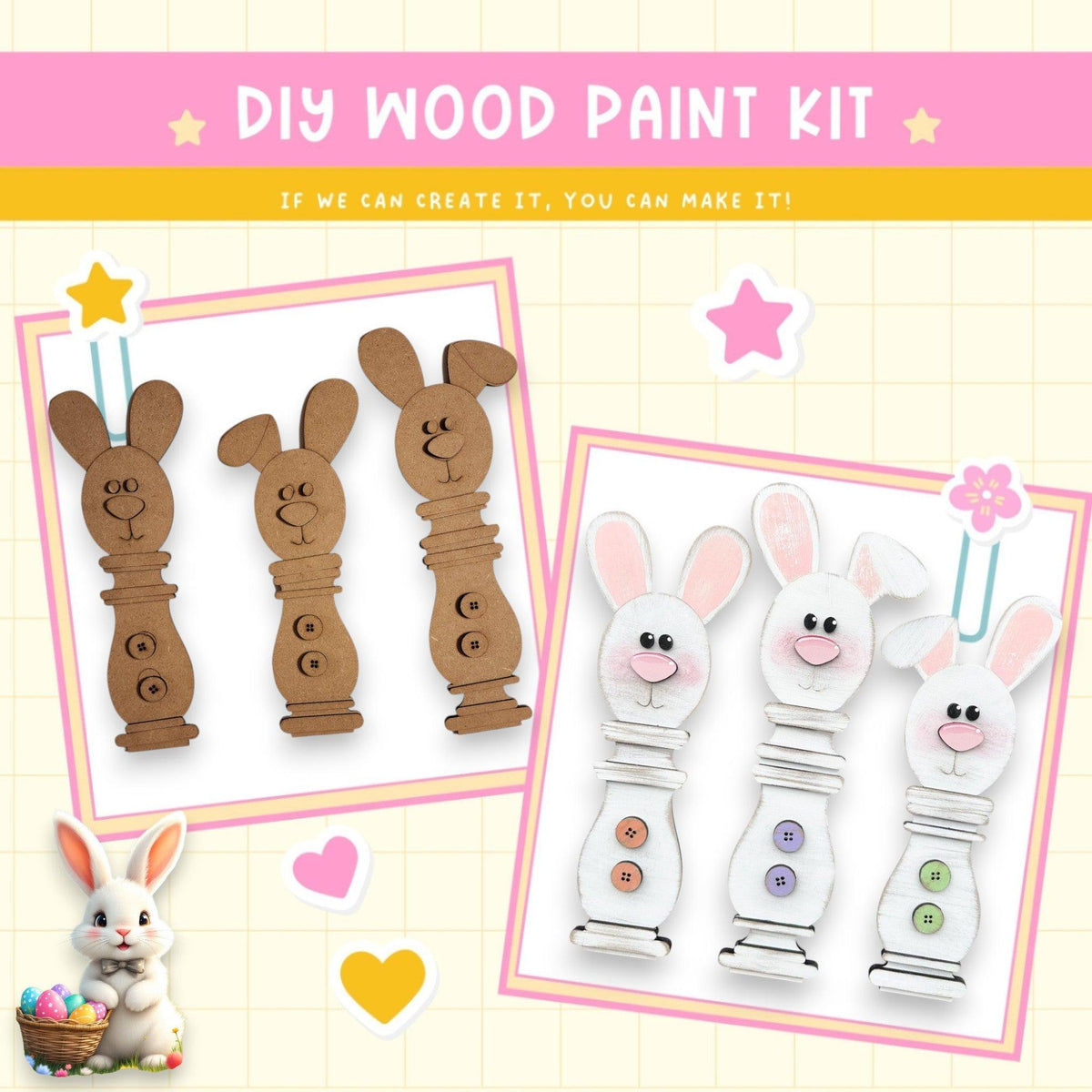 a picture of some bunny decorations and a picture of a bunny