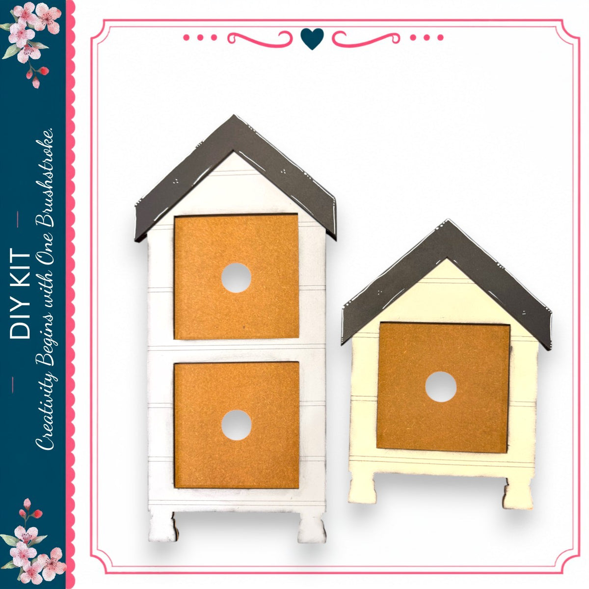 two birdhouses, one white and one yellow, with a black roof, set against a white background.