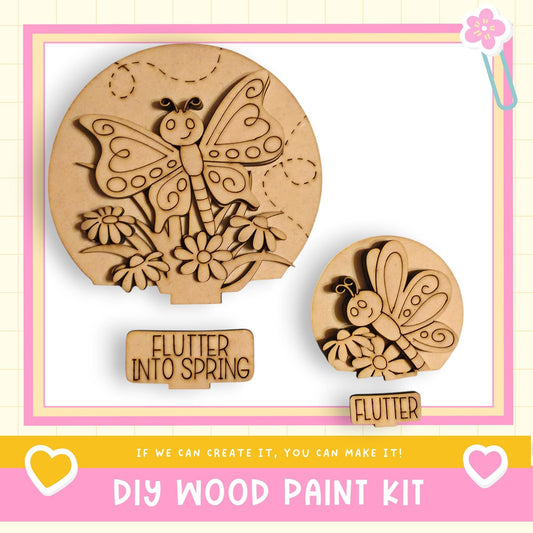 a DIY wood paint kit for creating wooden butterflies and flowers. The kit includes two wooden butterflies and two wooden flowers, which can be used to decorate various objects. The kit is designed to be a fun and creative project for people of all ages.