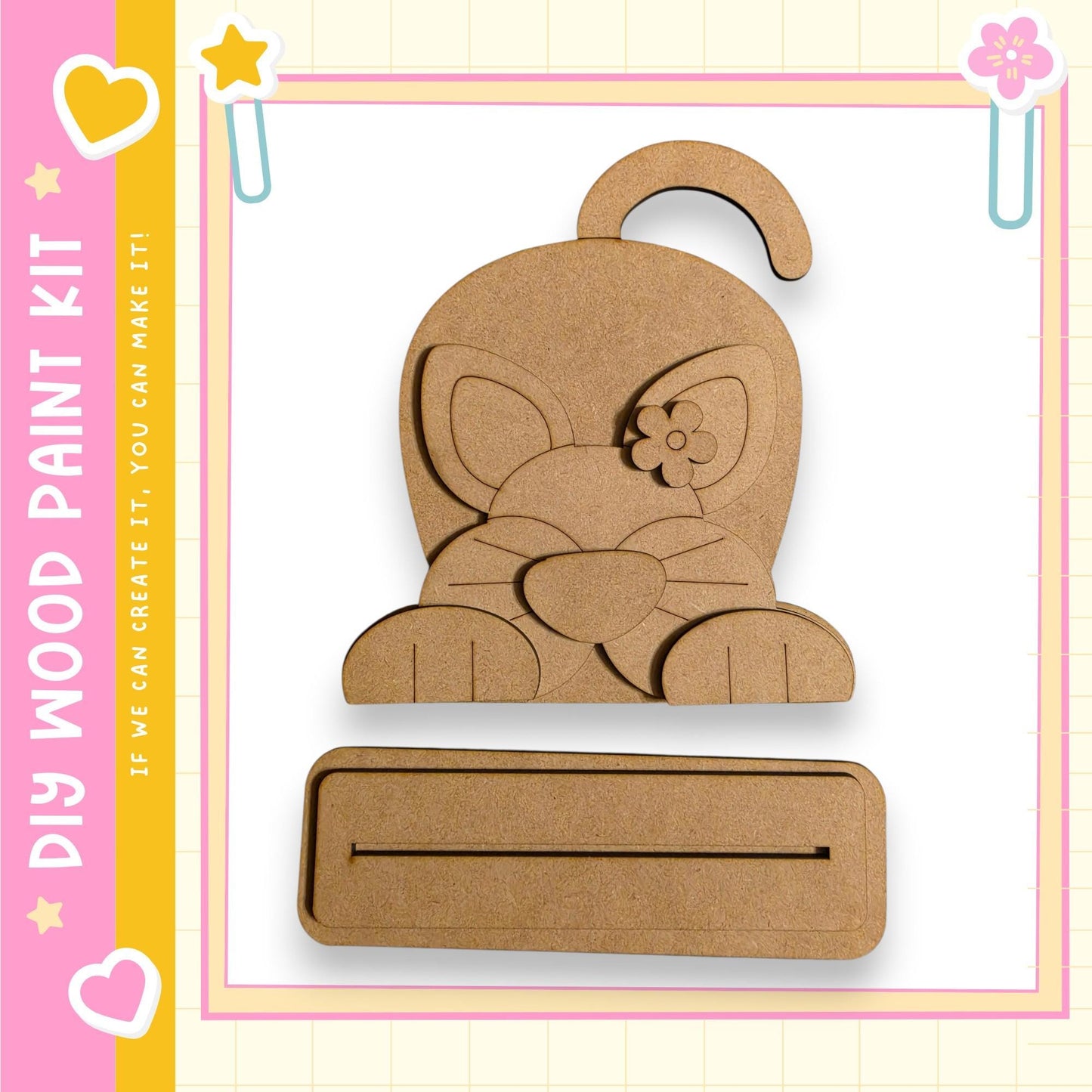 a wooden paint kit with a cute cat design, including a wooden cat figure and a blank wooden frame.