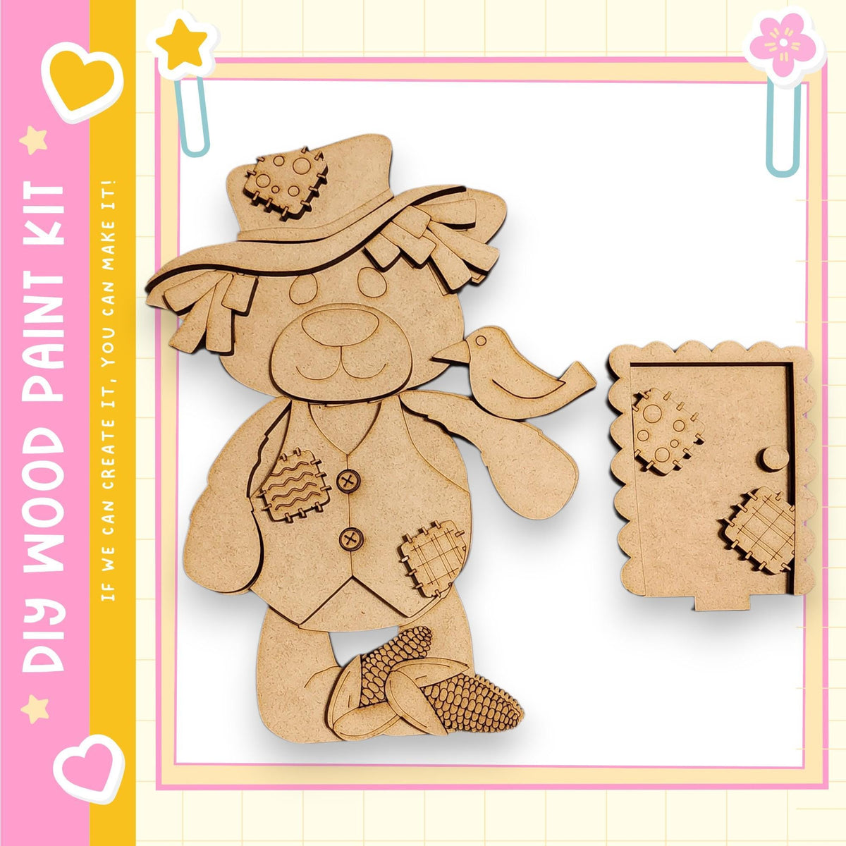 a wooden toy bear wearing a hat and holding a bird.
