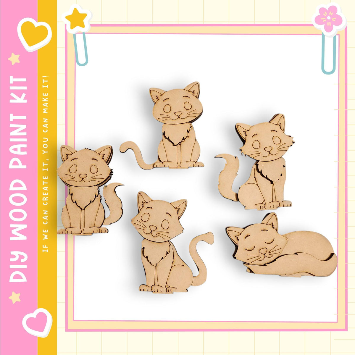 a collection of five wooden cat figurines, each with a unique pose, arranged in a row against a white background.