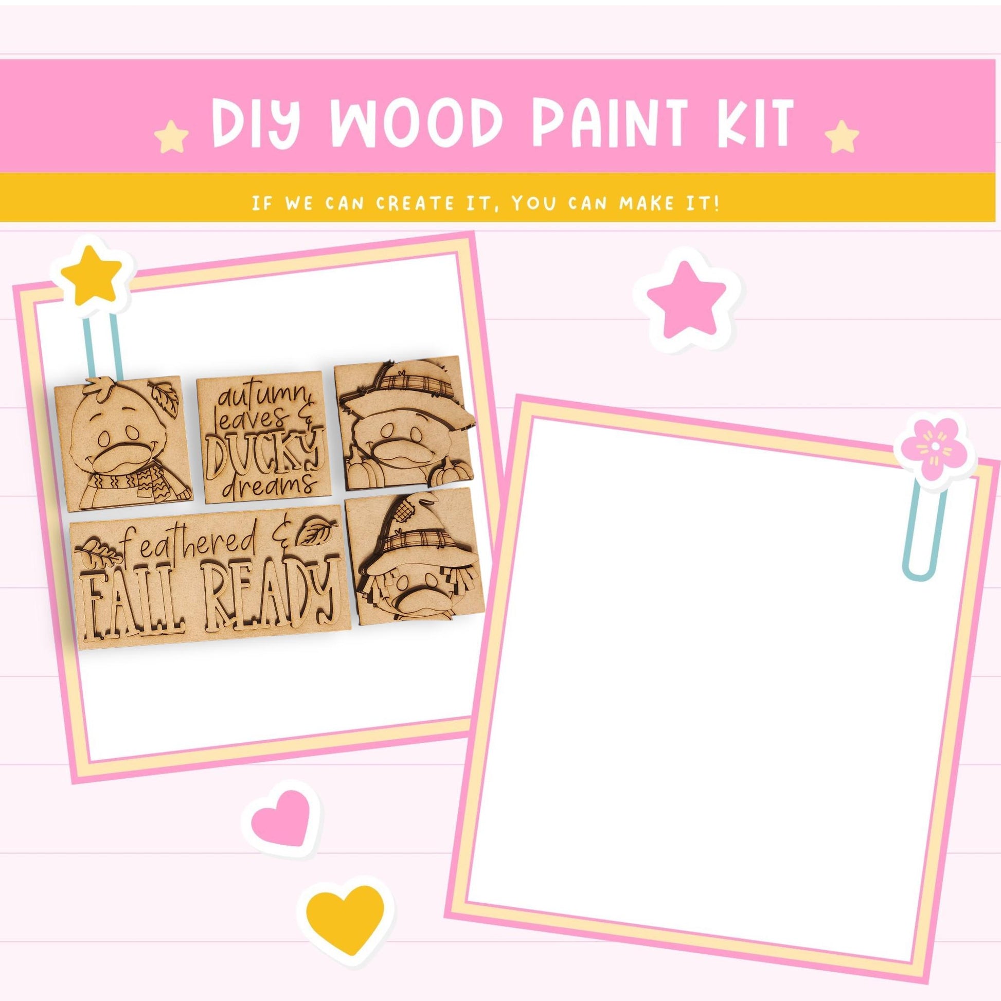 The image is a DIY wood paint kit advertisement featuring a wooden block with a cartoon character and the text "FEATURED FAIL READY" along with a blank white space for customization.