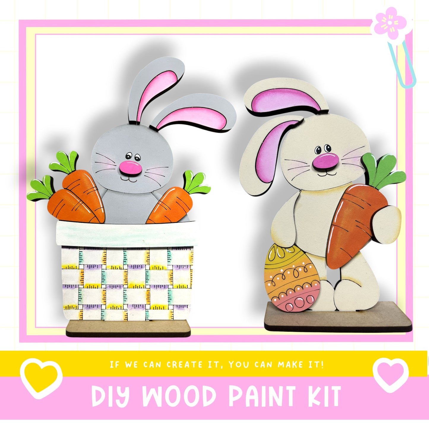 two wooden Easter bunny decorations, one holding a carrot and the other holding an Easter egg, set against a pink and yellow background.