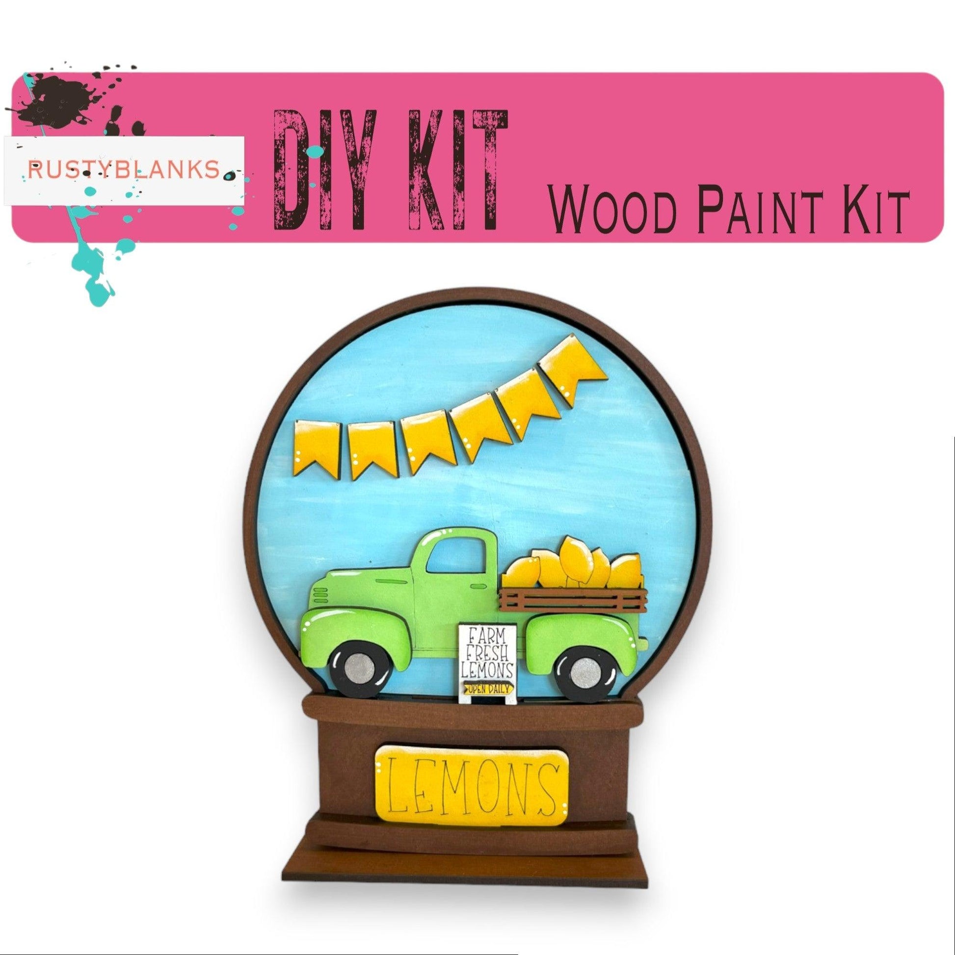 a picture of a wooden paint kit with a green truck