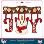 A wooden snowman with a red scarf and a red snowflake ornament, along with the word "Joy" made of wooden letters, is displayed on a wooden board.