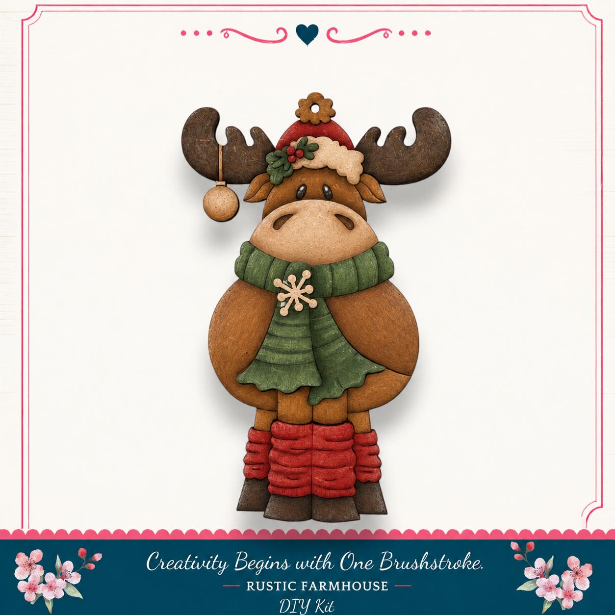 A wooden moose ornament with antlers, a scarf, and a red bowtie, standing against a white background.