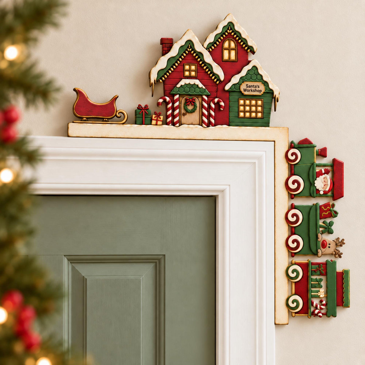 A decorative Christmas-themed house is mounted on the wall above a door, with a small Santa Claus figurine sitting on the door.