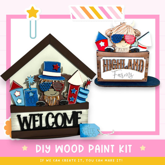 The image is a promotional poster for a DIY wood paint kit, featuring two wooden figures wearing patriotic hats and sunglasses, with a "Welcome" sign and a "Highland Farms" sign. The text on the poster encourages viewers to "If we can create it, you can make it!"