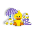A yellow duck sitting on a wooden base, holding a purple umbrella and surrounded by white daisies and a purple rain boot.