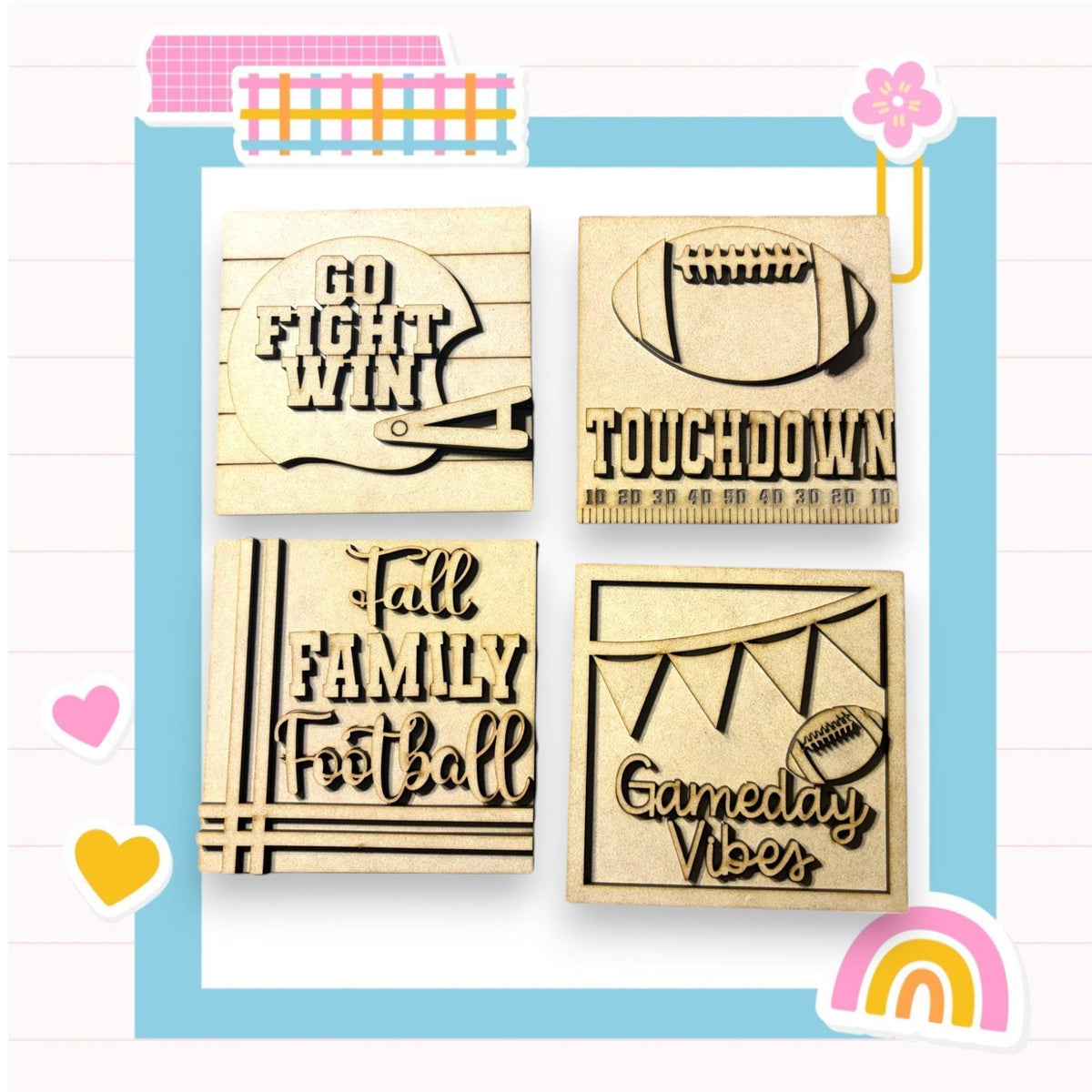 four wooden stamps with words on them