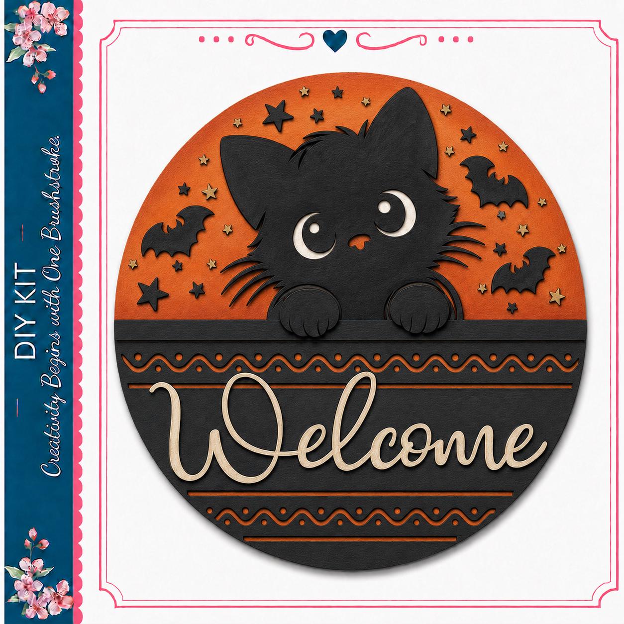 a black cat with large eyes peeking out from behind a circular sign that says "Welcome". The sign is decorated with bats, stars, and a floral border, creating a festive and welcoming atmosphere.