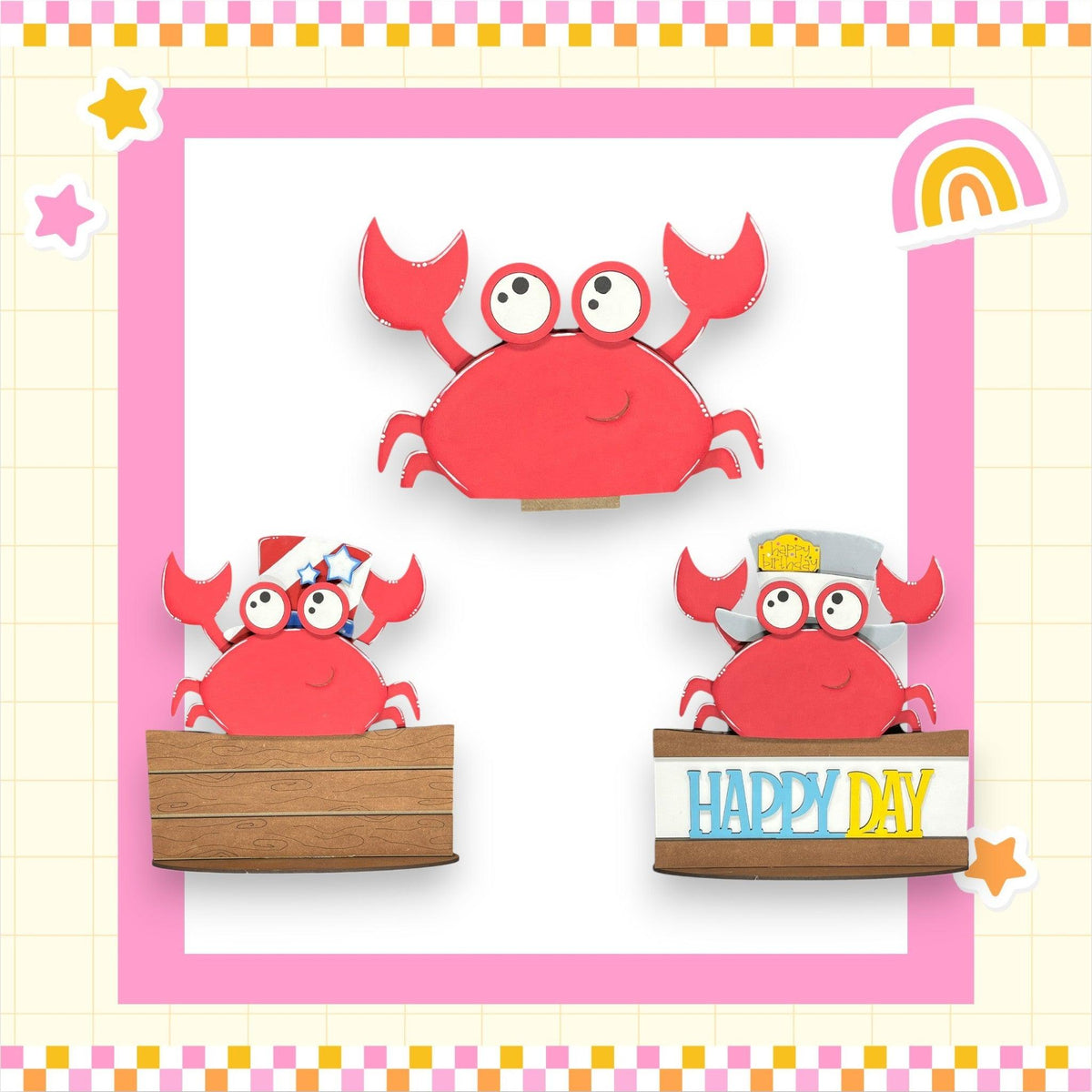 a picture of a crab on a boat with a rainbow in the background