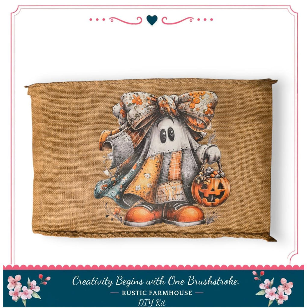 A burlap sack with a Halloween-themed ghost character holding a carved pumpkin and wearing a bow.