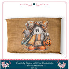 A burlap sack with a Halloween-themed ghost character holding a carved pumpkin and wearing a bow.