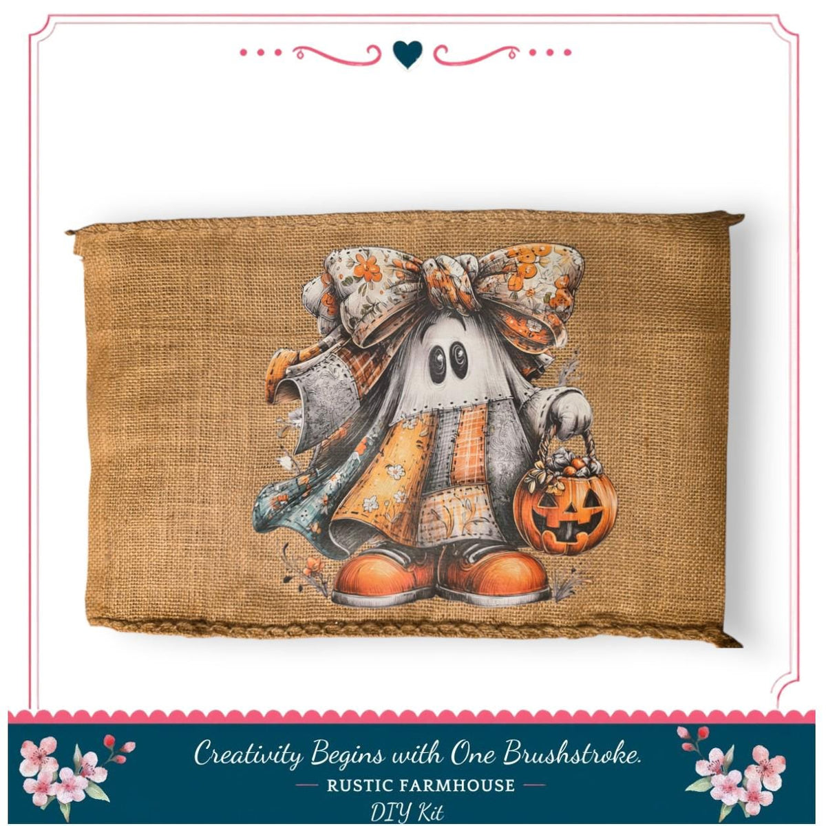 A burlap sack with a Halloween-themed ghost character holding a carved pumpkin and wearing a bow.