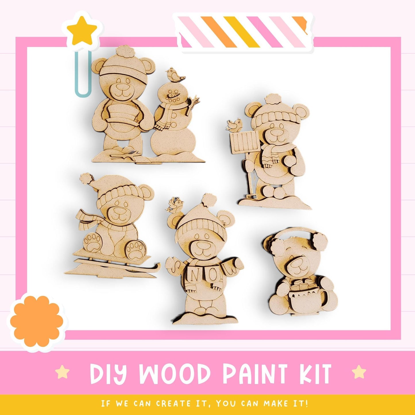The image is a DIY wood paint kit featuring various wooden animal figures, including bears and a snowman, set against a pink and white background.