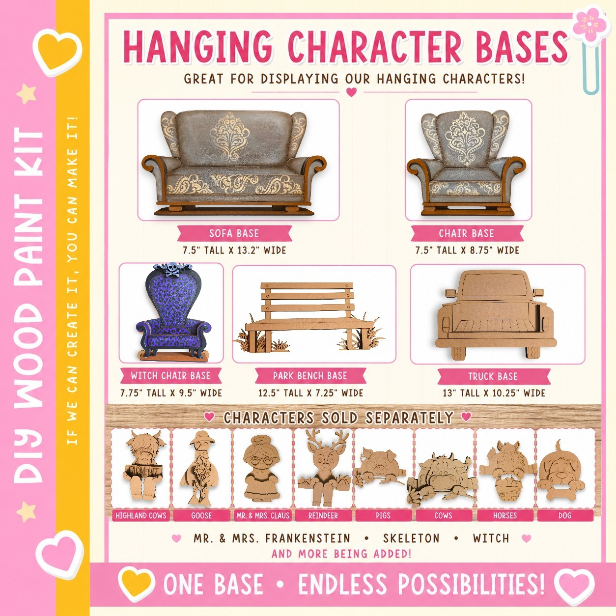 The image is a promotional poster for a DIY wood paint kit that includes various character bases, such as a sofa, chair, bench, truck, and other wooden figures. The kit is designed to help create hanging character bases for display.