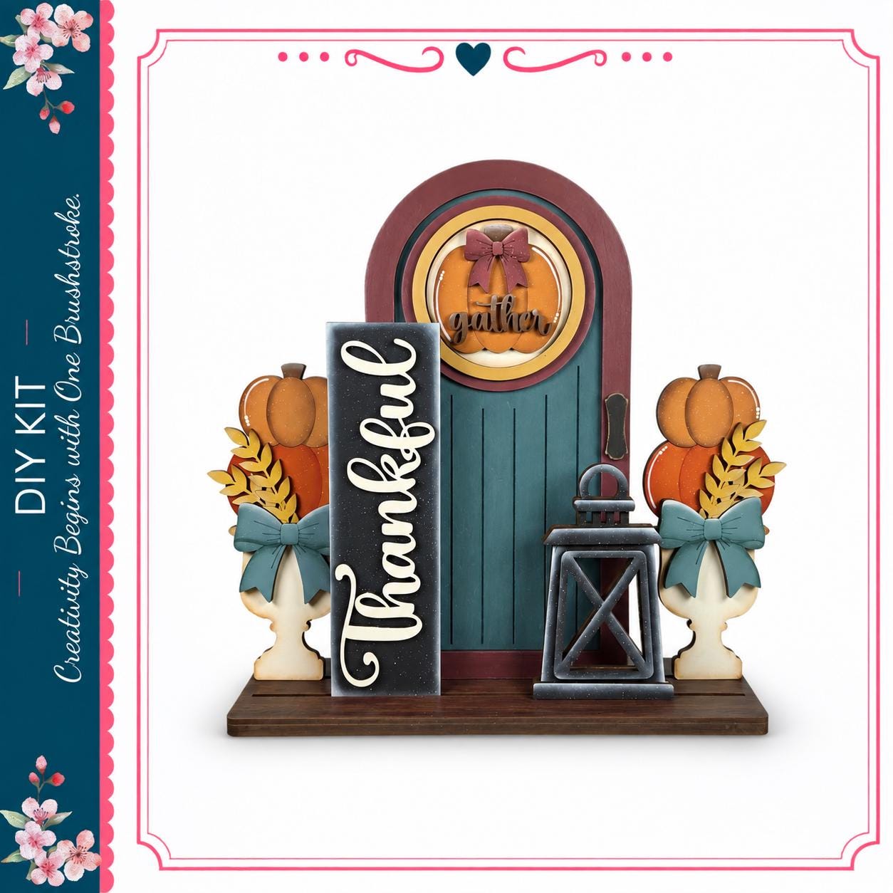 a colorful and festive Thanksgiving-themed display, including a wooden door, a lantern, and various autumn-themed decorations such as pumpkins and leaves.