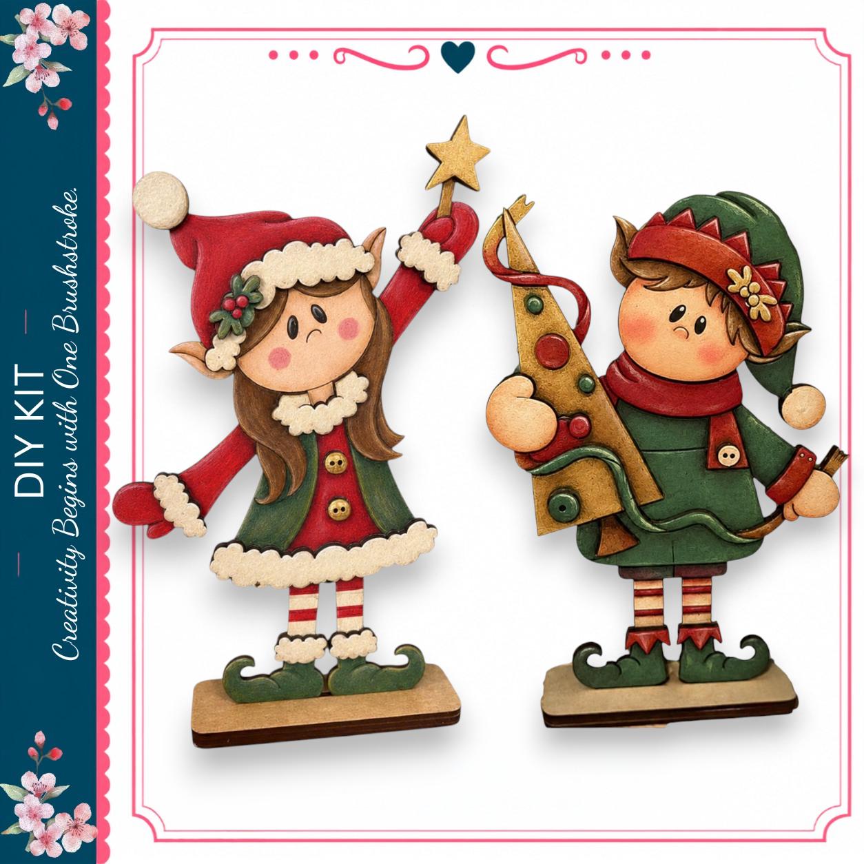 two wooden figurines of Christmas-themed characters, a girl and a boy, dressed in festive attire and holding various holiday decorations.