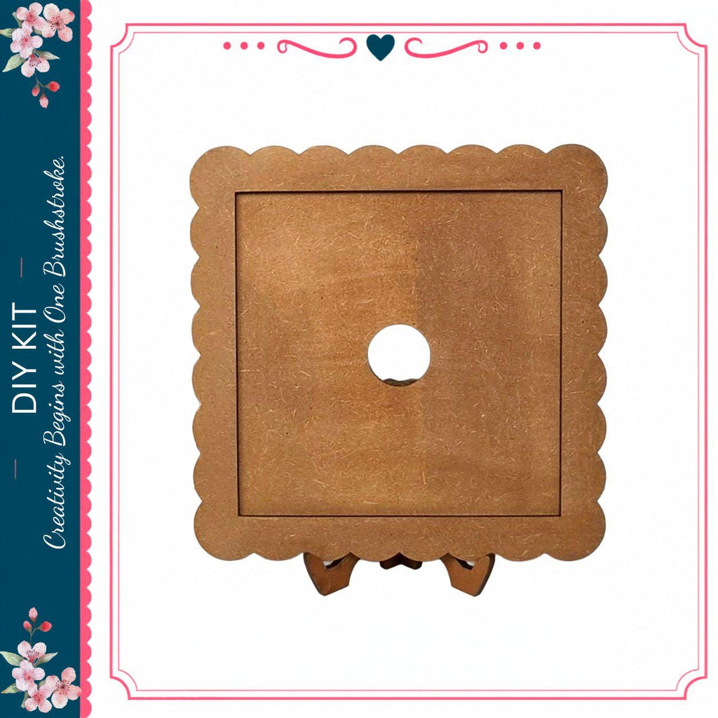a wooden frame with a scalloped edge, which appears to be a decorative piece.
