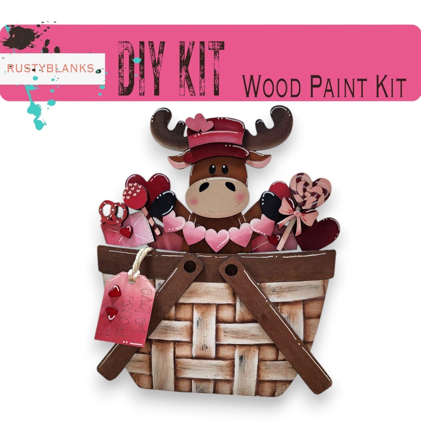 a wooden craft kit with a moose in a basket