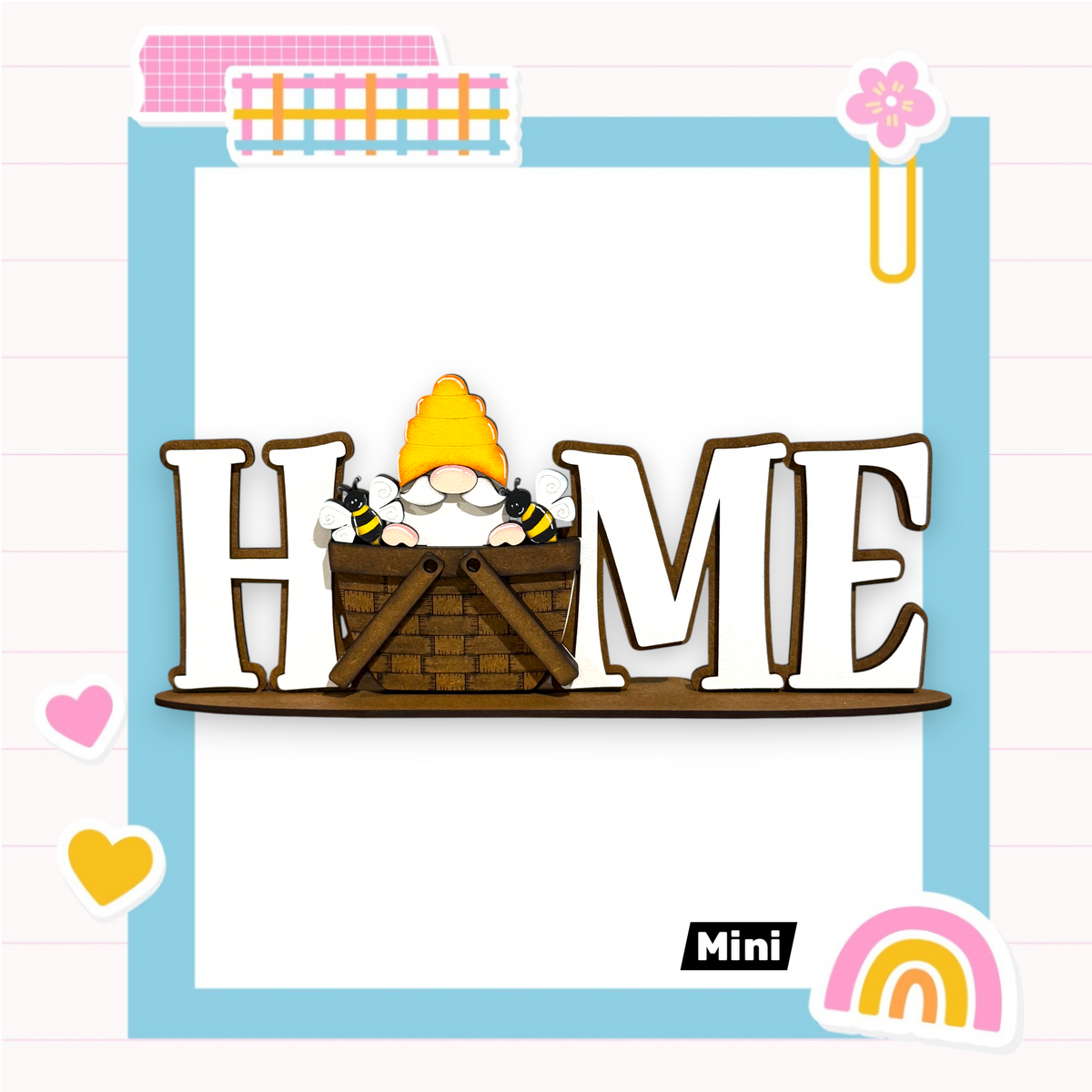 a gnome sitting in a basket, with the word "HOME" written in large letters above him.