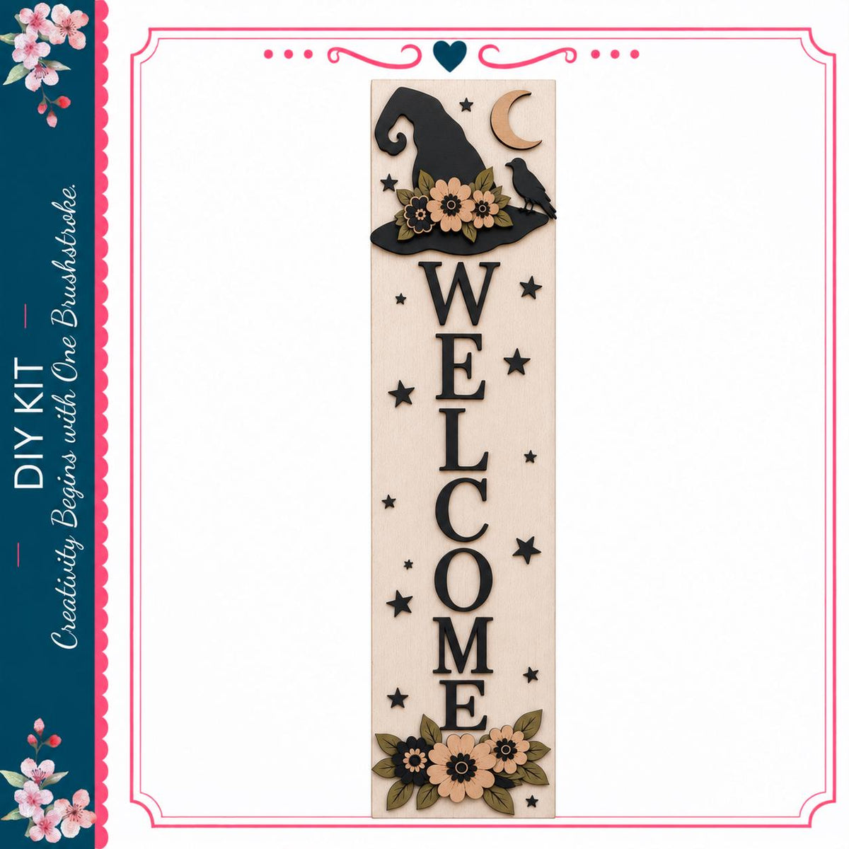a welcome sign with a witch's hat and flowers, along with the word "WELCOME" prominently displayed.