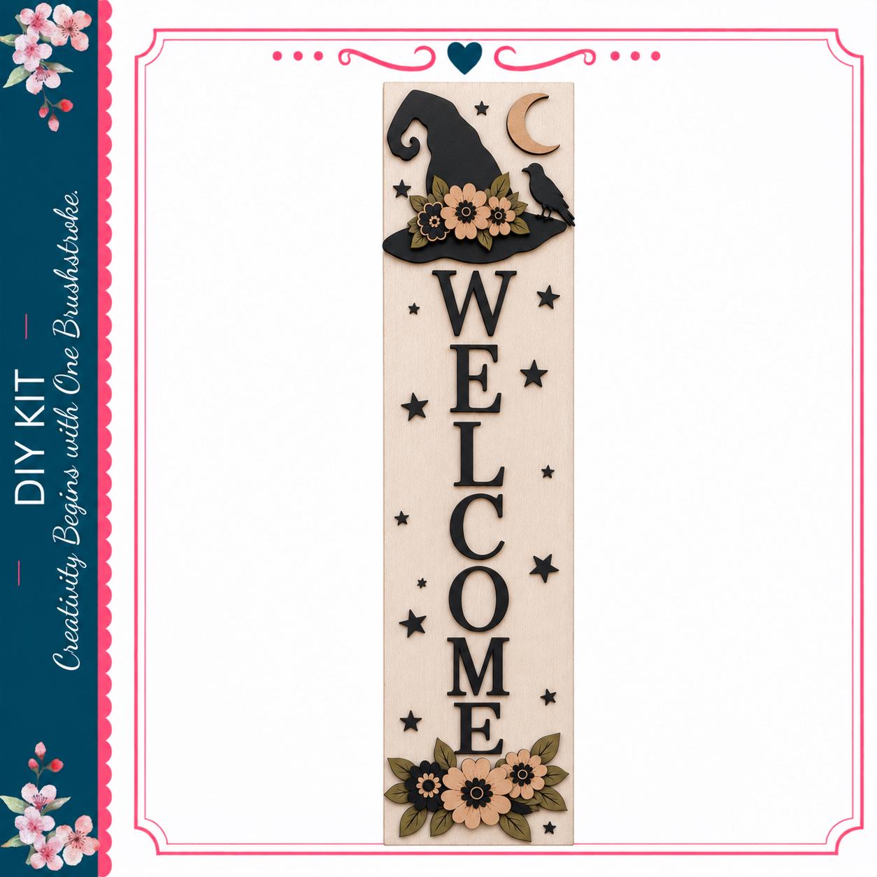a welcome sign with a witch's hat and flowers, along with the word "WELCOME" prominently displayed.