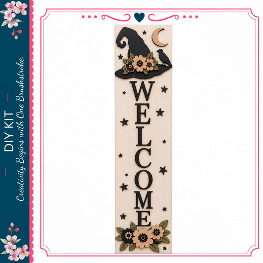 a welcome sign with a witch's hat and flowers, along with the word "WELCOME" prominently displayed.