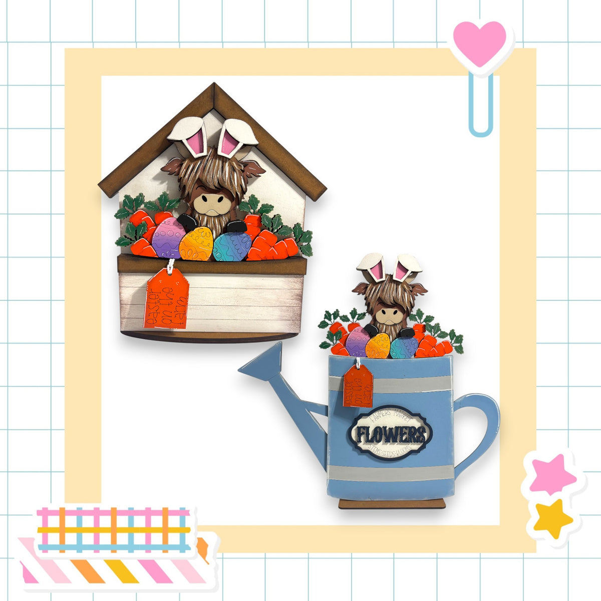 a whimsical scene with a small bunny figurine sitting inside a blue watering can, surrounded by a variety of colorful flowers. The watering can is placed on a table, and the bunny appears to be enjoying the cozy and charming atmosphere created by the floral arrangement.