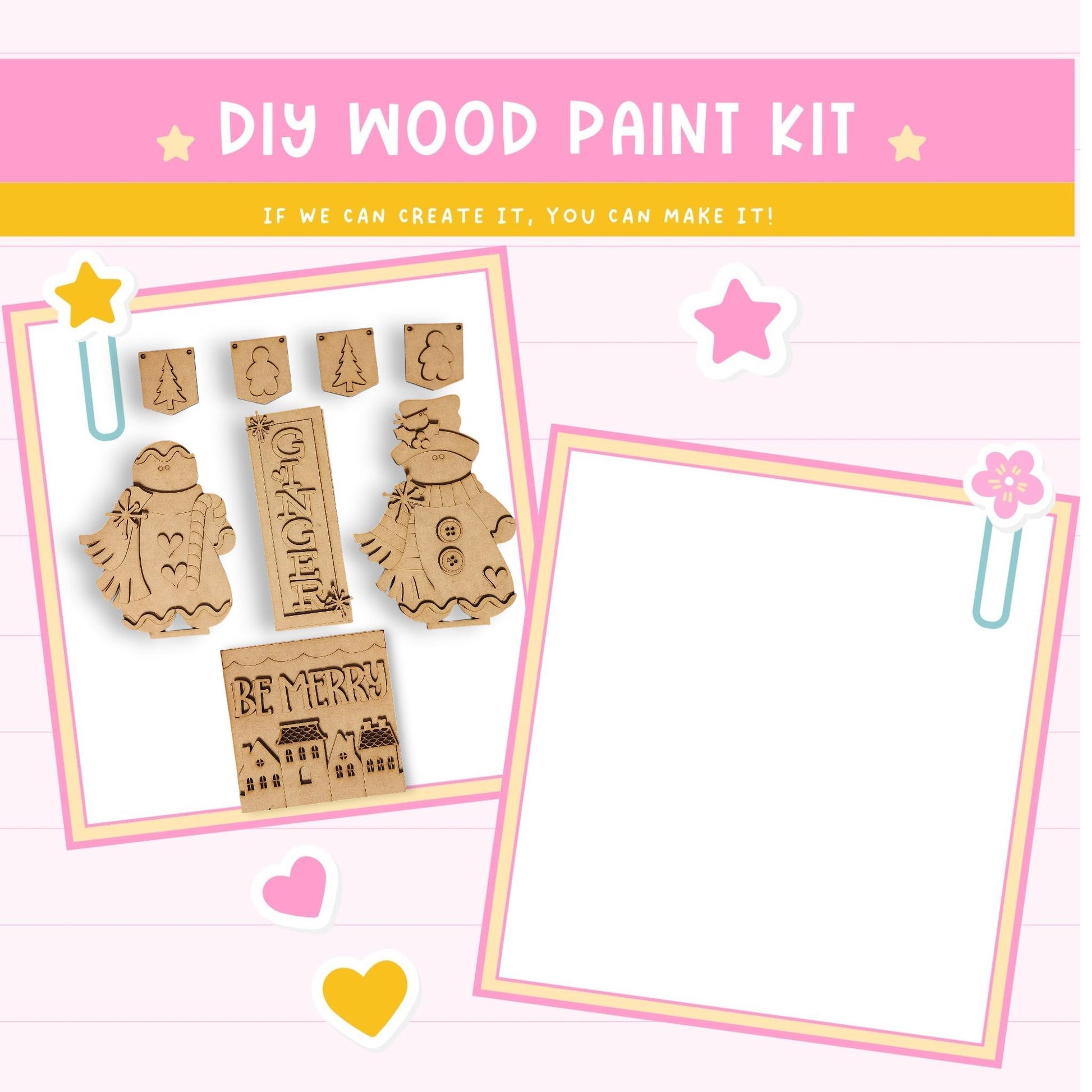 The image is a DIY wood paint kit with various wooden shapes and a blank white space for painting.